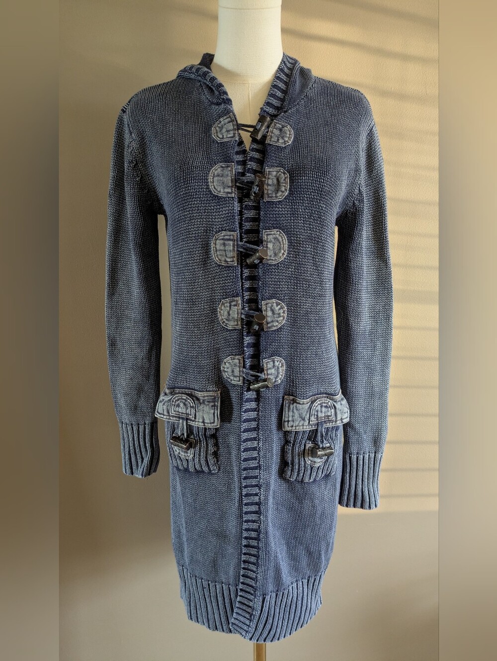 PBJ Blues Blue Toggle Button Hooded Knit Long Ramie Cotton Pocketed Cardigan XL